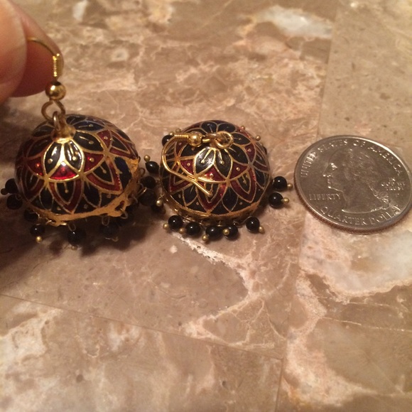 SOLD Navy blue & red dangling earrings - Picture 2 of 2