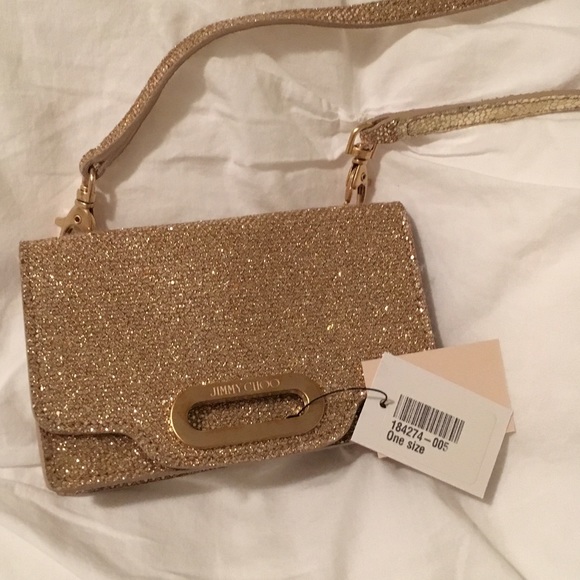 Jimmy Choo gold clutch with crossbody strap