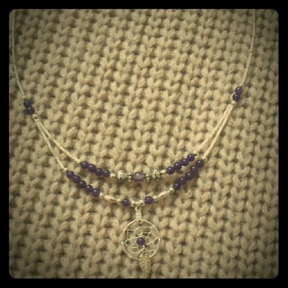 Purple and Silver Beaded Dream Catcher Necklace