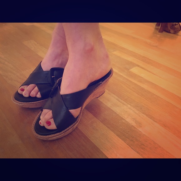 Black leather cork wedge sandals