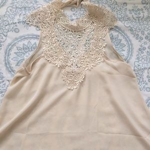 Off white lace tie around neck shirt