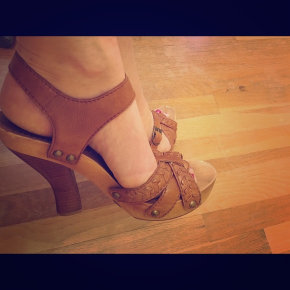 Tan leather ankle strap heels