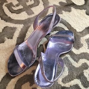 Pink iridescent YSL sling backs