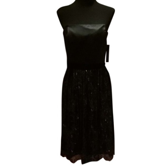 TAHARI Black Silk Strapless Metallic dress