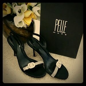 Black silk heels with sequins