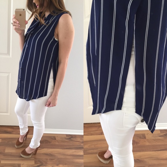 SOLD OUT • Navy Blue & White Striped Blouse - Picture 3 of 4
