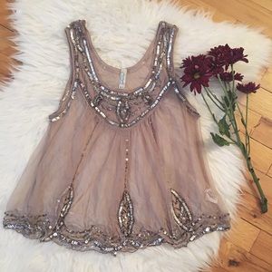 🌿 Free People Sheer Taupe Beaded Tank