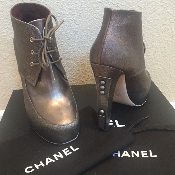 SOLD Chanel Lace Up Khaki Booties Size 37.5
