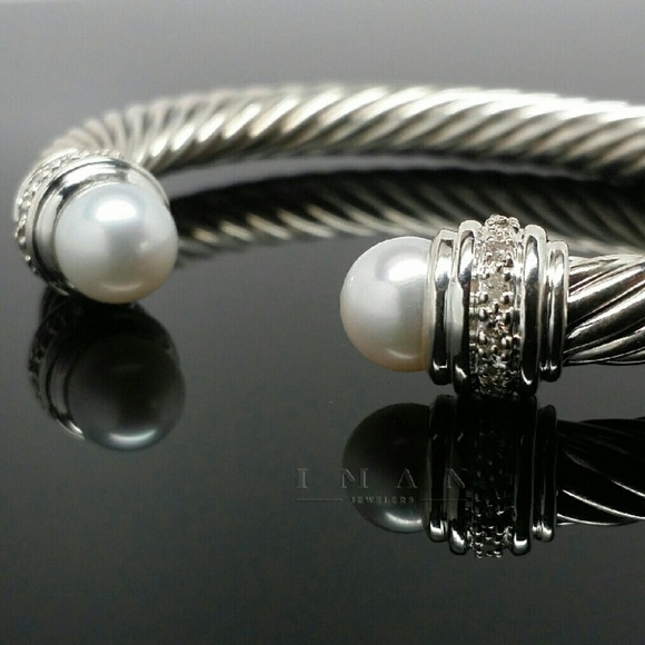 David Yurman Diamonds&Pearls Silver Cable Bracelet - Picture 2 of 4