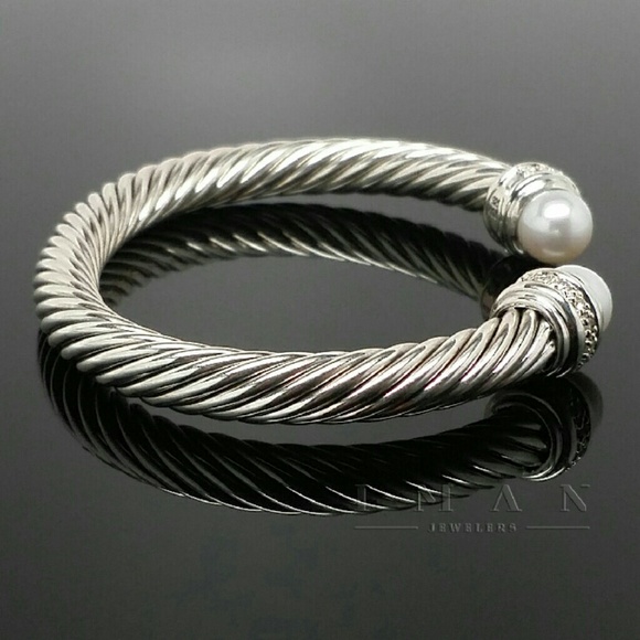 David Yurman Diamonds&Pearls Silver Cable Bracelet - Picture 3 of 4