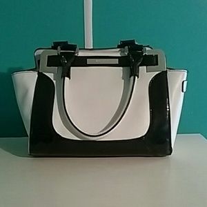 A nice shiny black and white purse