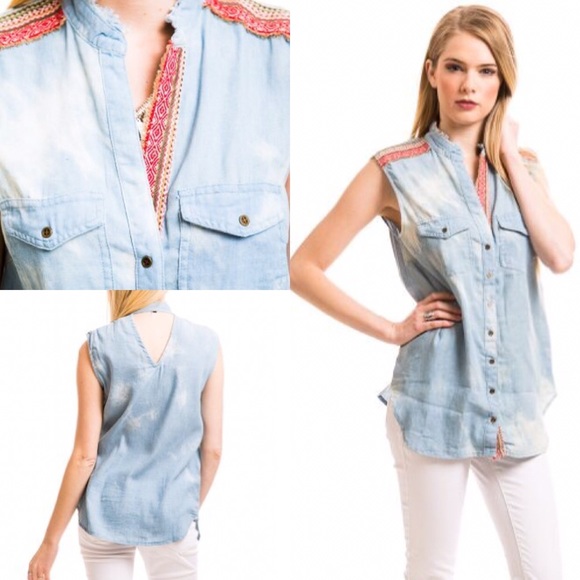 DISTRESSED CHAMBRAY TOP - Picture 3 of 4