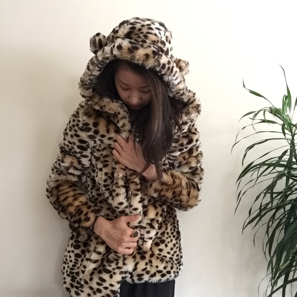 Faux Fur Leopard Ears Hooded Coat