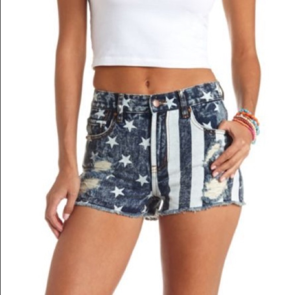 High waisted distressed denim patriotic shorts