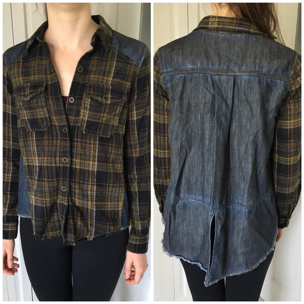 {Free People} Plaid & Denim Long Sleeve