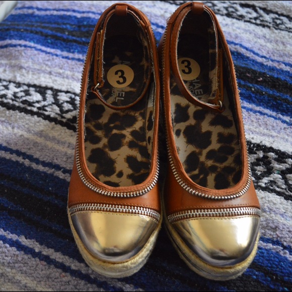 MICHAEL Michael Kors Brown and Gold Tipped Wedges