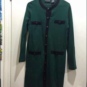 Forest green sweater dress with buttons.