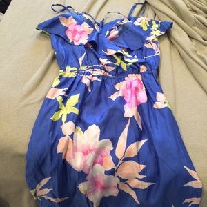 American eagle floral on blue satin dress
