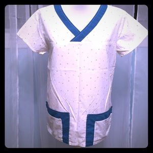 Handmade White scrub top with colorful polka dots