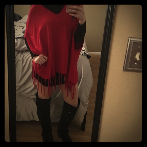 Michael kors red fringe poncho