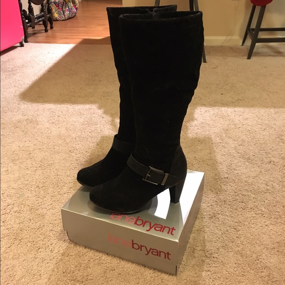 Black suede fabric heeled boots for wide calves