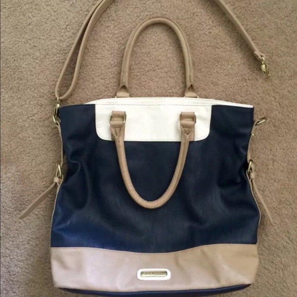 Steve Madden Navy Blue Tan and White Tote Bag