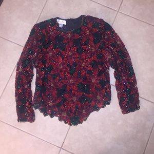 Vintage Lauren Kazar Fully Sequin Poinsettia Top