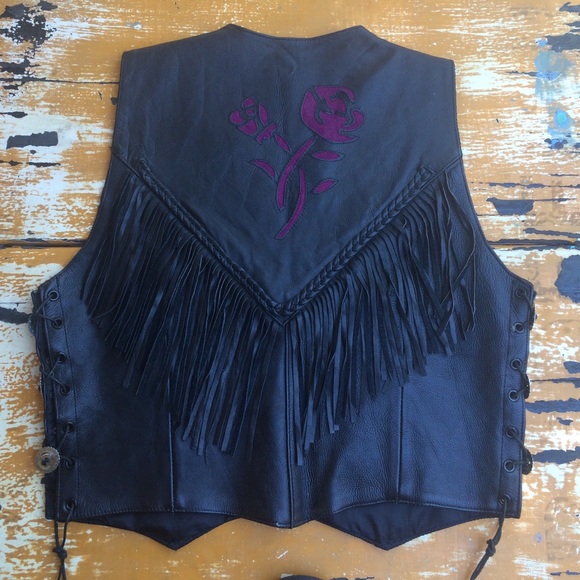 Black fringe roses moto vest vtg leather vintage