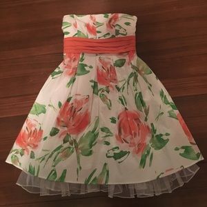 white dress with pink and green flowers