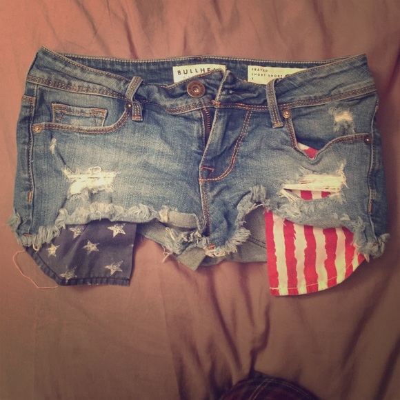 Bull Head Frayed Short Short. American Flag Pocket