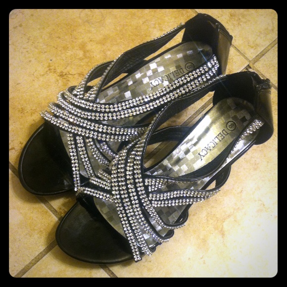 Glossy black, rhinestone strap heels