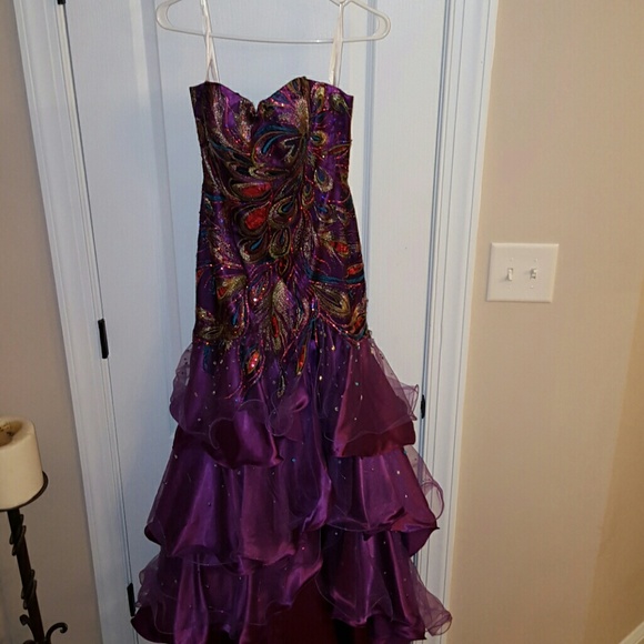 purple peacock prom dress Luuvis Women Metallic A-Line Peacock Blue Sweetheart Sweep Train Prom Dress With Slit