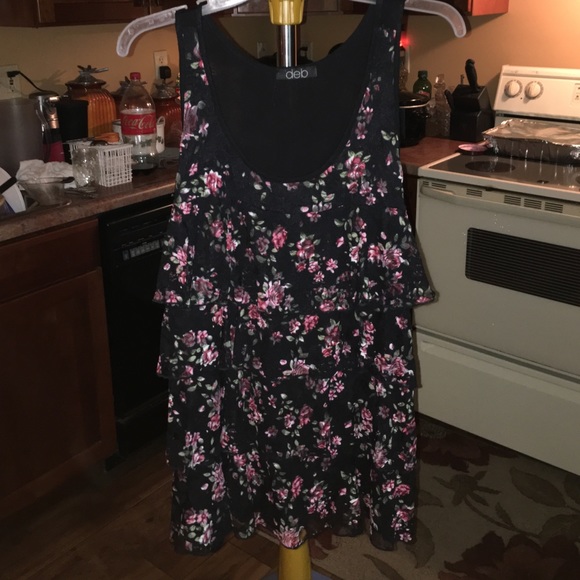 black lace tank with red-pink flowers