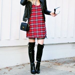 Red Plaid lace trim shift dress
