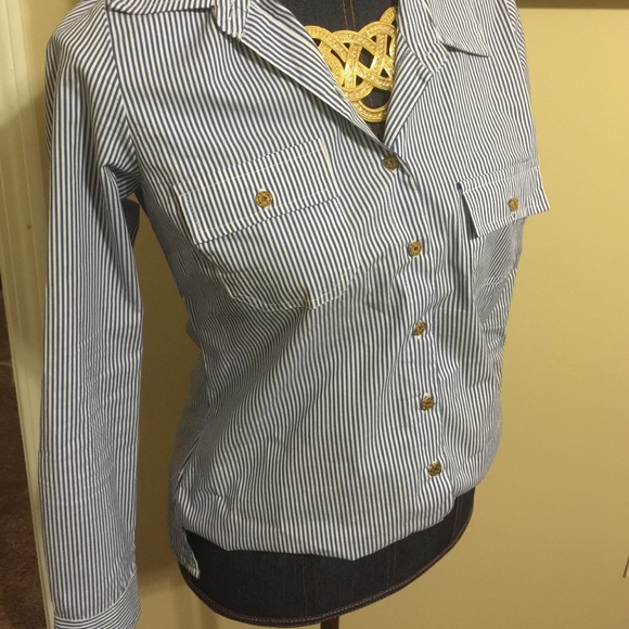 Blue and white pin stripe blouse with gold buttons - Picture 3 of 3