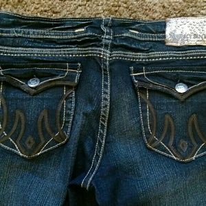 Mek jeans with brown leather pocket trim size 32