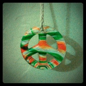 Blown glass and white leather peace  neckless