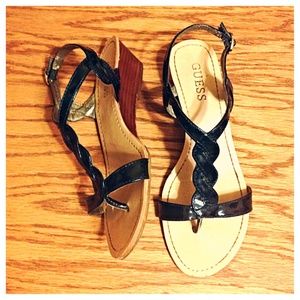 Navy Blue Woven Leather Guess Strappy Sandals Heel