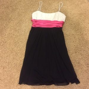 High Waisted Black and Cream Dress with Pink Sash