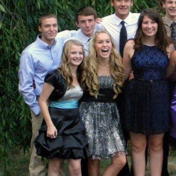 Silver and Black Strapless Dress and Teal Sash - Picture 1 of 4