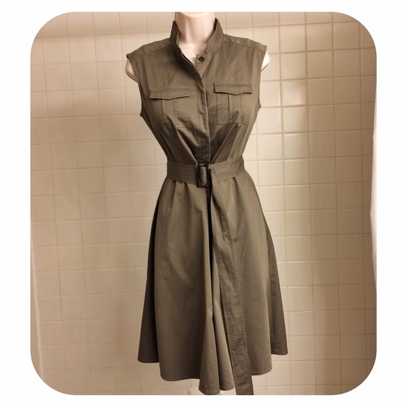 Ann Taylor Dresses & Skirts - Sleeveless Green Khaki Button Down Belted Dress