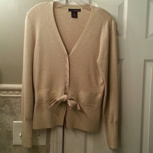 Gold shimmery sweater with crystal buttons & bow