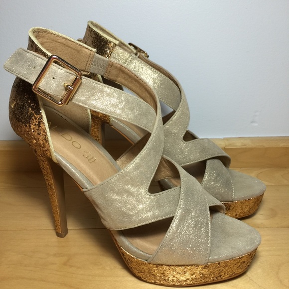 Aldo Gold Glitter Ankle Strap Heels