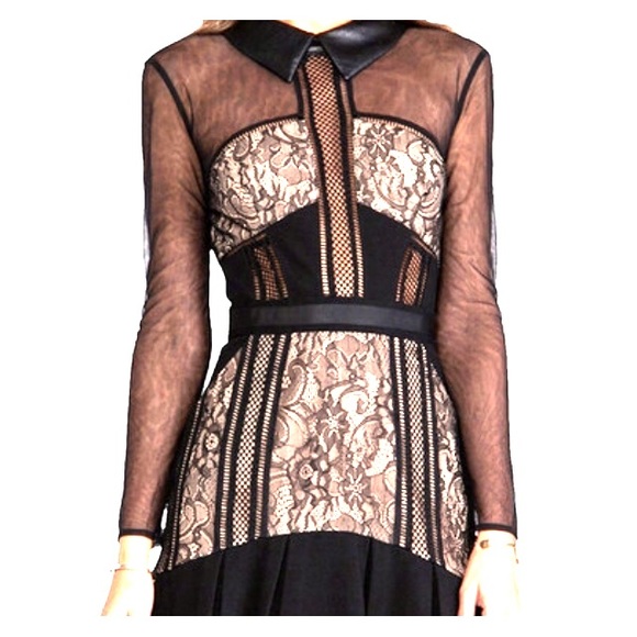 Black lace dress w/ leather collar& mesh sleeves