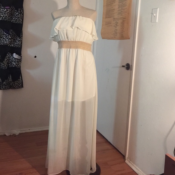 White, brown belt long dress