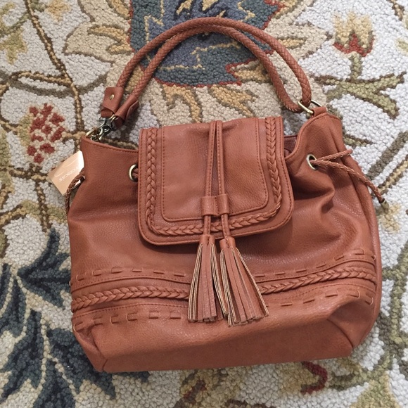 BNWT Francesca's Braided Tassel Purse in Cognac
