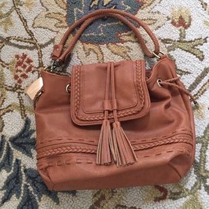 BNWT Francesca's Braided Tassel Purse in Cognac