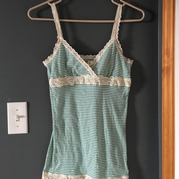 Tank top / green and white strips/ lace lining/
