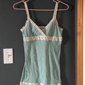 Tank top / green and white strips/ lace lining/