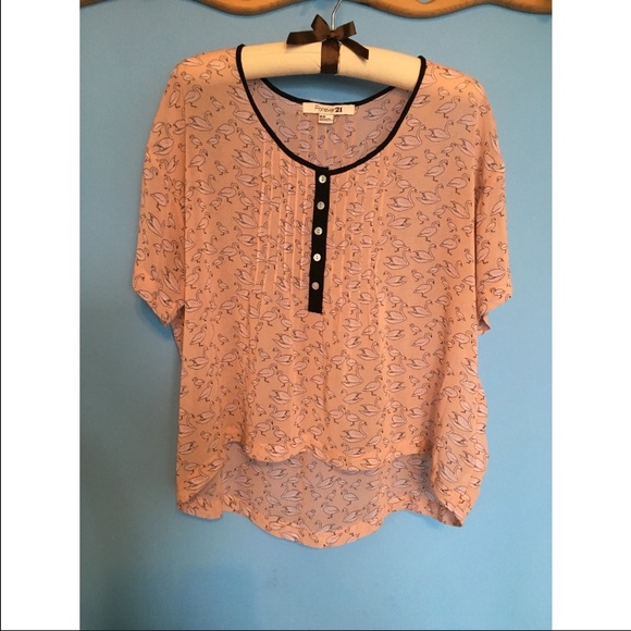 FOREVER 21 sheer pink blouse, swan print size M.